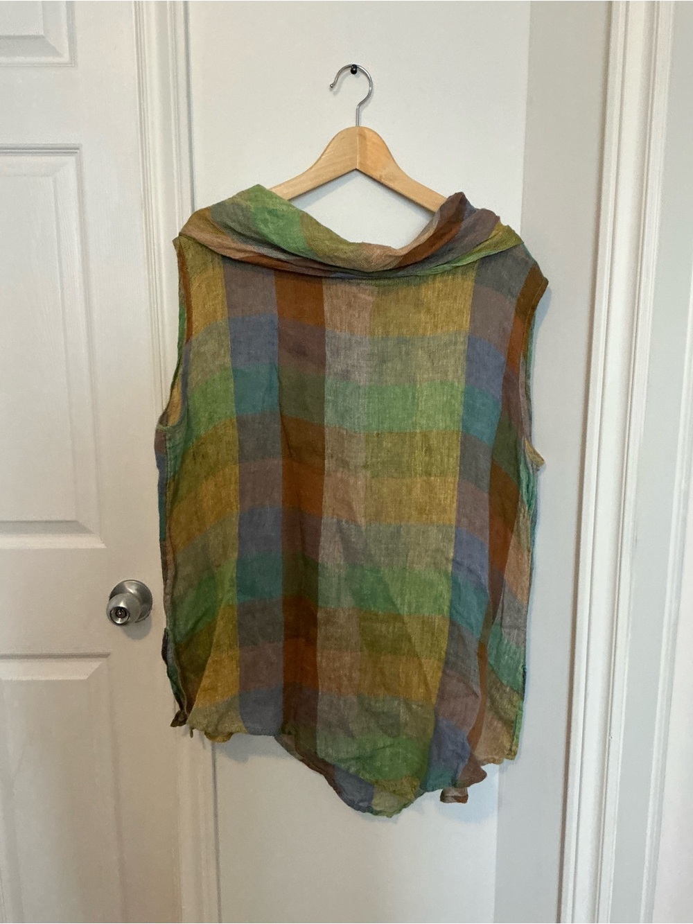 Sleeveless Lightweight Linen Plaid Cowl Neck Tunic - Green Multi